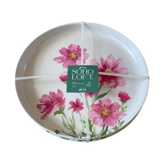 Soho Loft Pink Floral Melamine Dinner Plates 11in Set of 4 Spring NEW - Picture 6 of 15